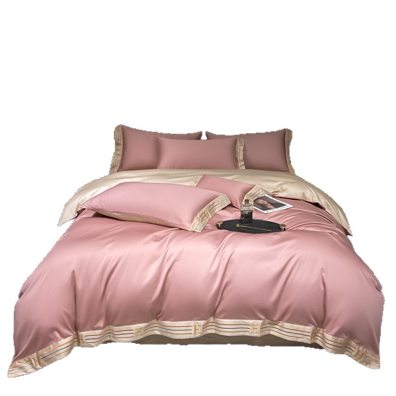Pink silk bedding four-piece set, duvet cover, pure cotton 60-count bedding, warm and romantic home textiles Item Picture
