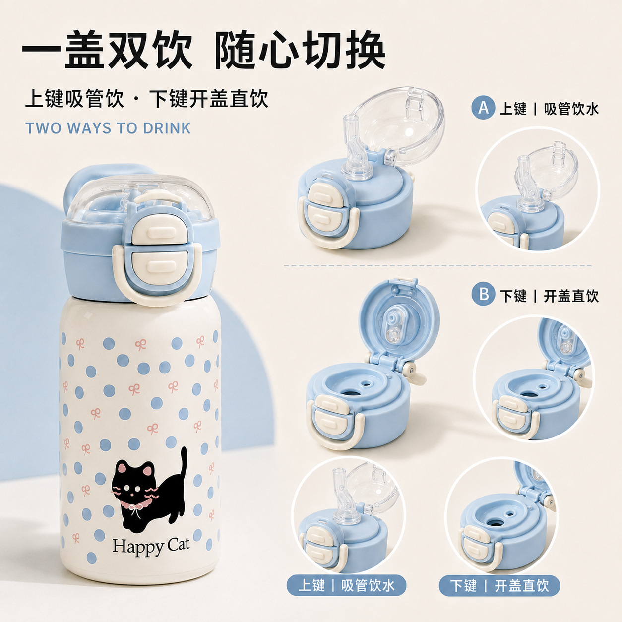 Cartoon black cat, pink and blue polka dot children's insulated cup, stainless steel color-changing crystal, acrylic glass, custom logo gift Specification image