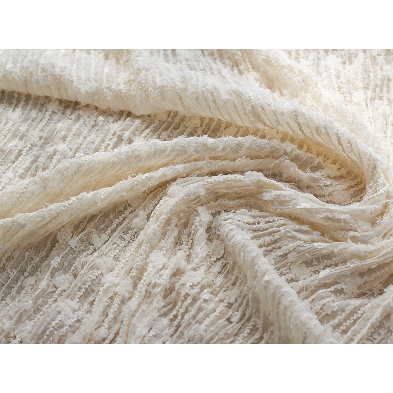 New chiffon creased embroidery fabric, plush hook embroidery striped random crease fabric, twisted embroidery women's fashionable autumn collection fabric Item Picture