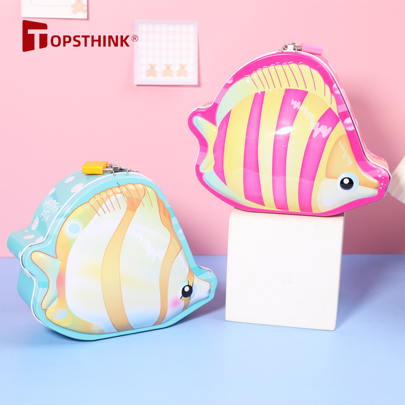 新款海洋珊瑚鱼存钱罐 卡通手提存钱罐 马口铁盒儿童储蓄罐带锁