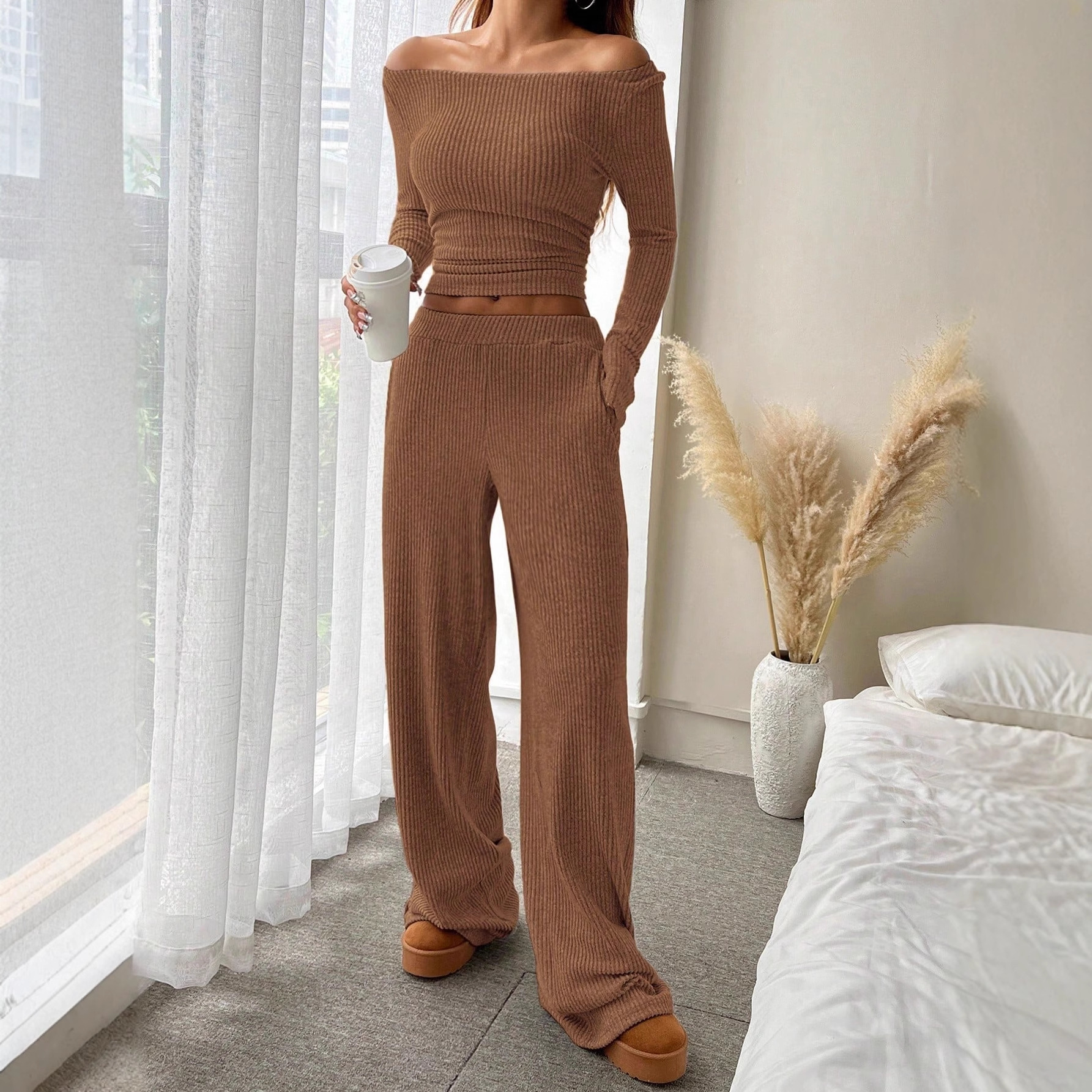 2025 Autumn/Winter New Amazon Cross-border long-sleeved boat collar top & stretched-waist wide-leg pants set Application Scenario