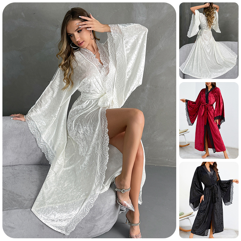 Cross-border long velvet lace patchwork bathrobe for autumn and winter, sexy flared sleeves with lace-up, large-sized home wear 623