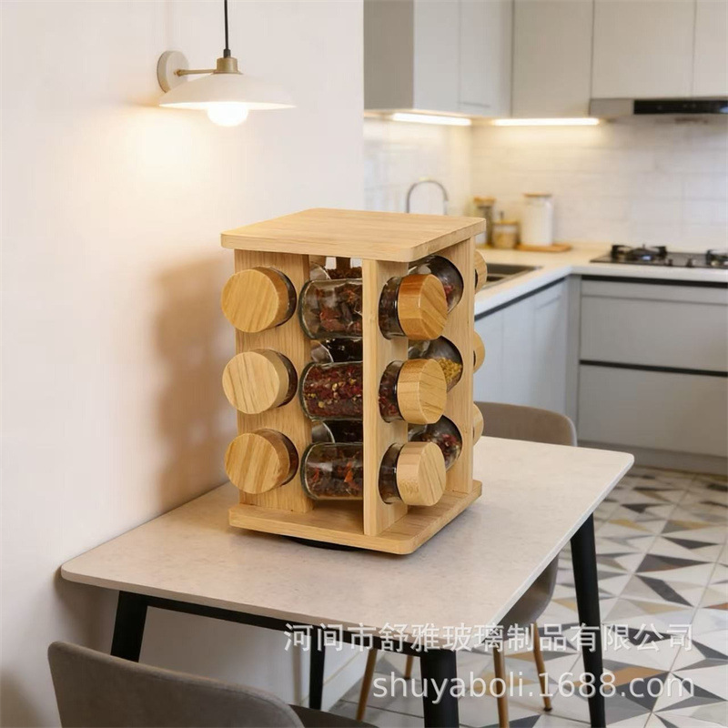 Marco de madera giratorio cristal de almacenamiento conjunto de latas caja de almacenamiento de gran capacidad para el hogar espesado transparente de grano multigrano latas herméticas Specification image
