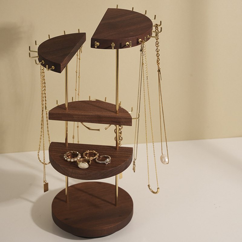 饰品展示架胡桃木金色旋转多功能展示收纳节省空间创意旋转饰品架