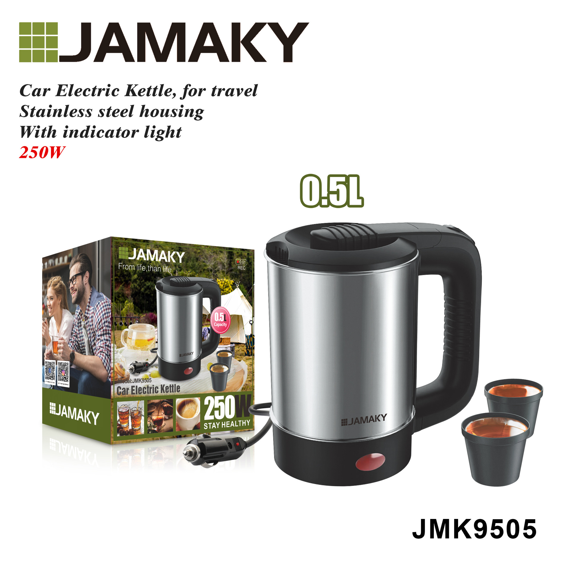 JAMAKY不锈钢热水壶汽车旅行不锈钢便携式电热水壶即热式JMK9505