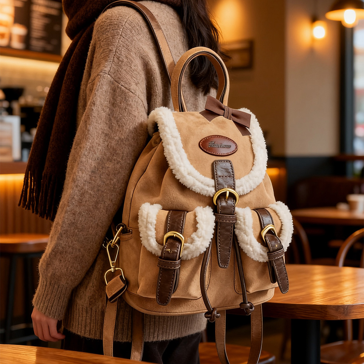 The Rongli Rongli versatile women's backpack and student schoolbag are made of suede material, fresh and sweet. The lambskin backpack is high-end