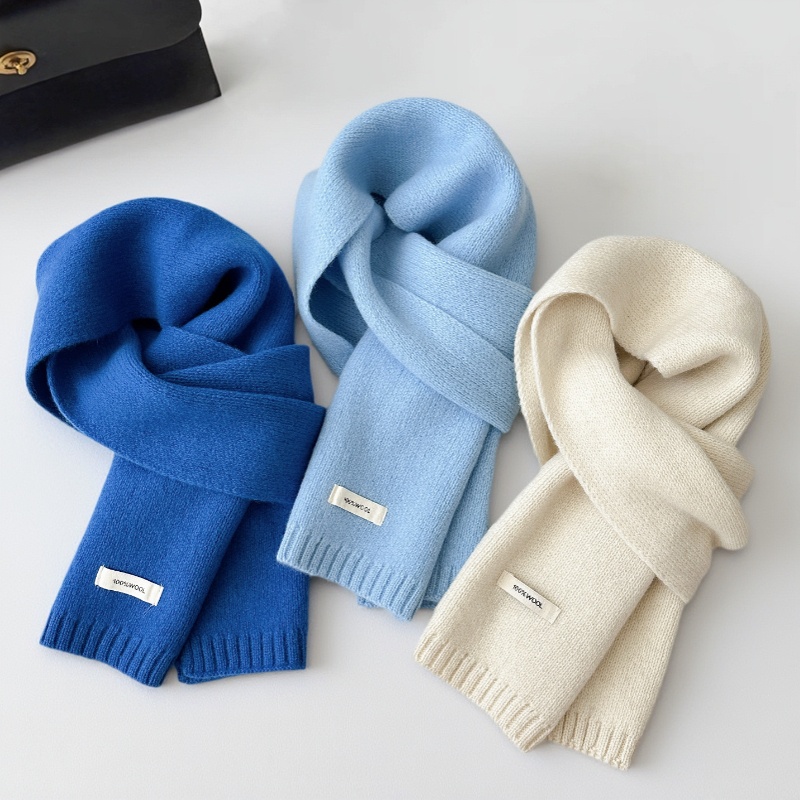 Blue high-end 100% wool scarf for women's winter solid color knitted versatile Korean-style student scarf for warmth details Picture