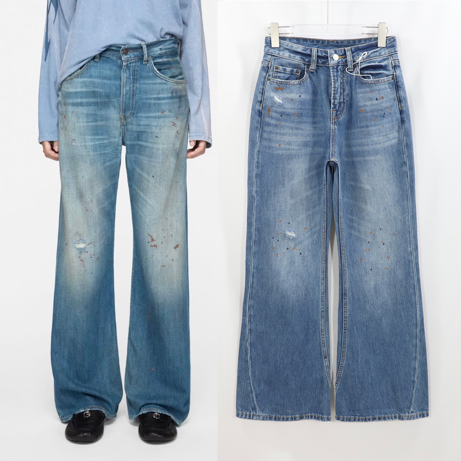 AC蓝色直筒牛仔裤女高腰阔腿泼墨做旧印花喇叭裤脏脏裤2026春新款