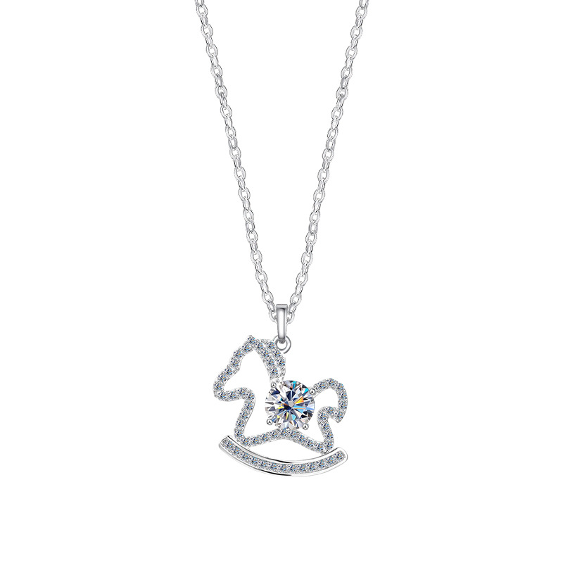 Fairy tale little Wooden Horse necklace, cute and artistic creative collarbone chain for women in summer, silver moissanite pendant, high-end feel, pure silver Application Scenario