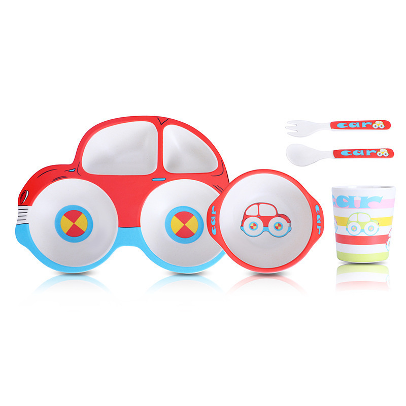 创意卡通环保竹纤维餐具套装五件套宝宝碗儿童餐盘竹纤维汽车餐具白底实物图