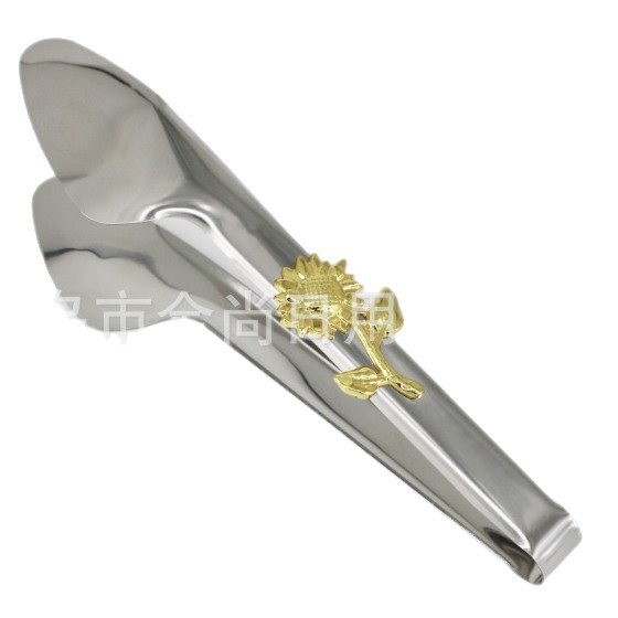 New silver sunflower stainless steel outdoor barbecue tongs, buffet public food tongs, Western restaurant steak tongs Item Picture