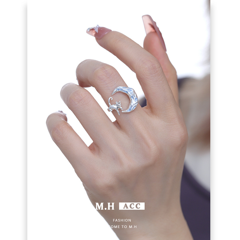 Moonlit Night Star Cat Ring Women's niche design, versatile for commuting, high-end index finger ring, sweet and cool original personality ring