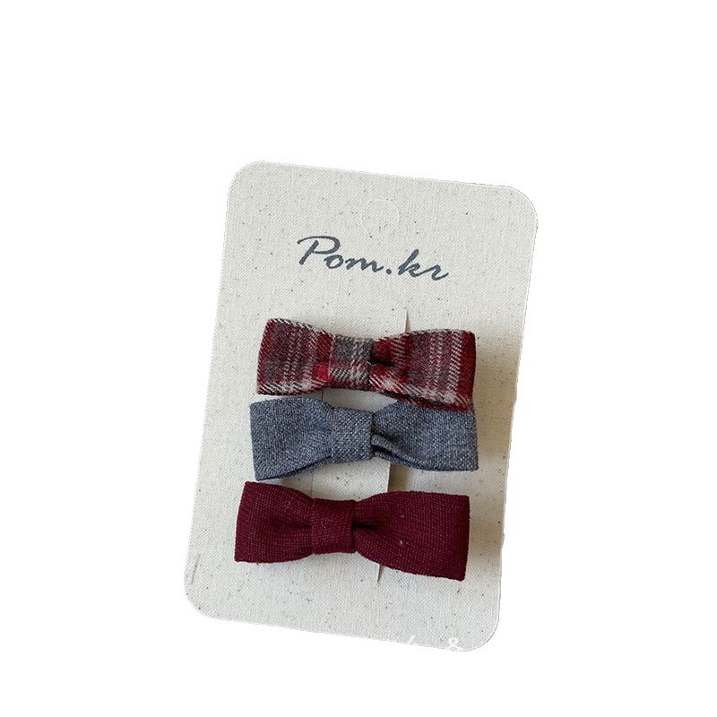 Korean autumn and winter retro hair clips, checkered wine red and gray color tweed hair clips, bangs clips, side clips, children's headwear, Pom.kr red and gray checkered hair accessories: exquisite bow decoration, retro gentle style, rare in autumn and winter Item Picture