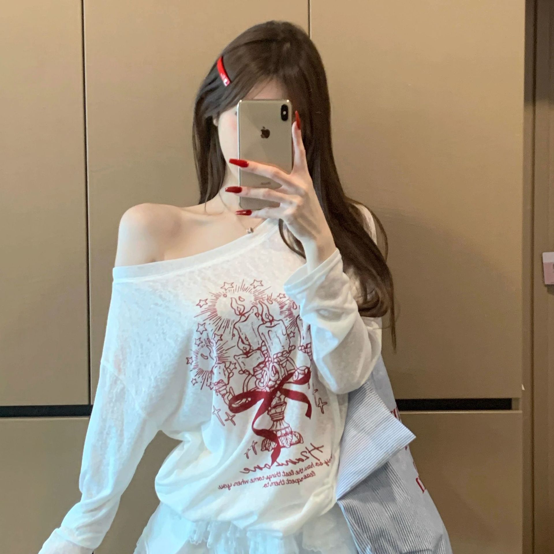 2025新款涂鸦斜肩防晒罩衫女美式夏季薄款宽松慵懒风长袖t恤上衣