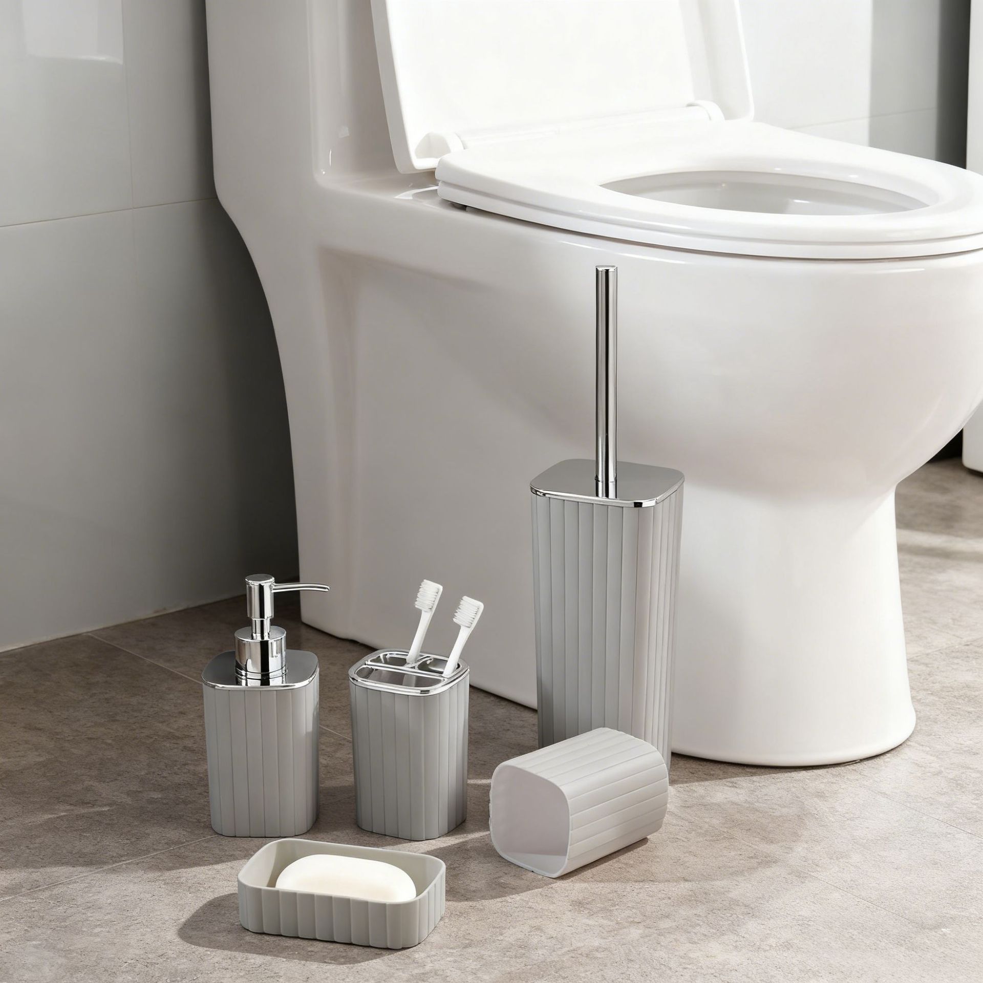 竖条纹卫浴洗漱塑料5件套厂家批发卫生间马桶刷架牙刷架套装轻奢细节图