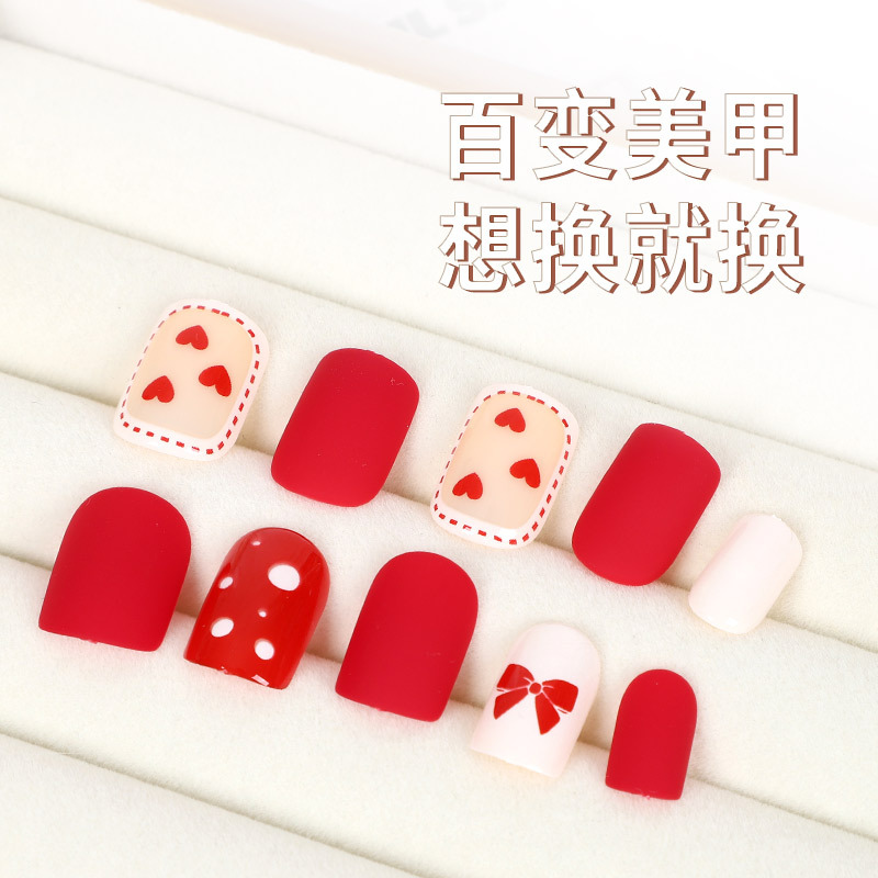 Checkered heart-shaped nail art mixed color printed false nail, colored stripe bow wearable nail, 24-piece finished nail Specification image