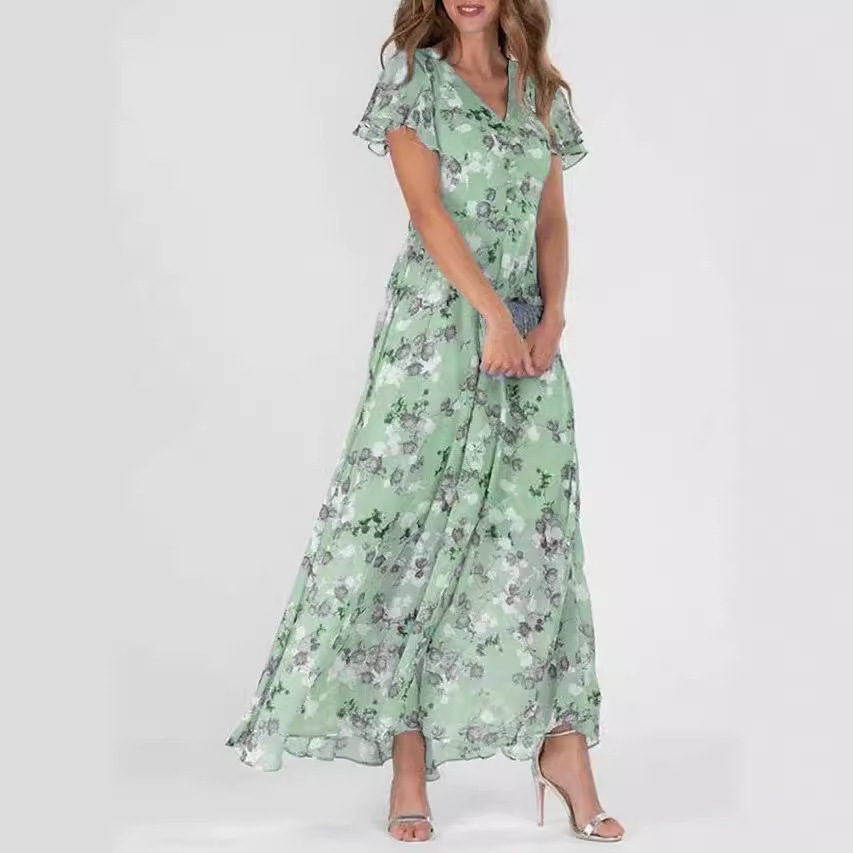 2026 New European and American beach swing long dress, chiffon floral print short-sleeved ruffled V-neck fashionable cinched waist dress Specification drawing