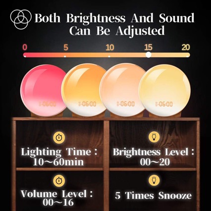Simulación sol amanecer puesta de sol despertador luz de despertar cabeza de cama pequeña luz de noche