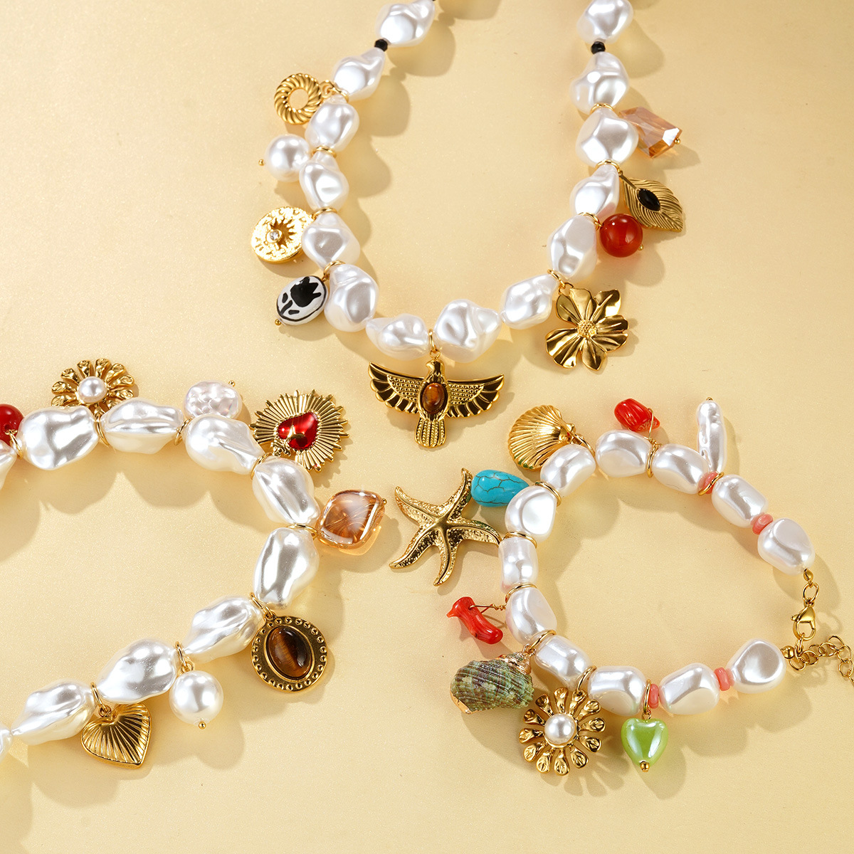 Cross-border vacation style Marine life pearl pendant jewelry, stainless steel heart multi-element bracelet necklace wholesale