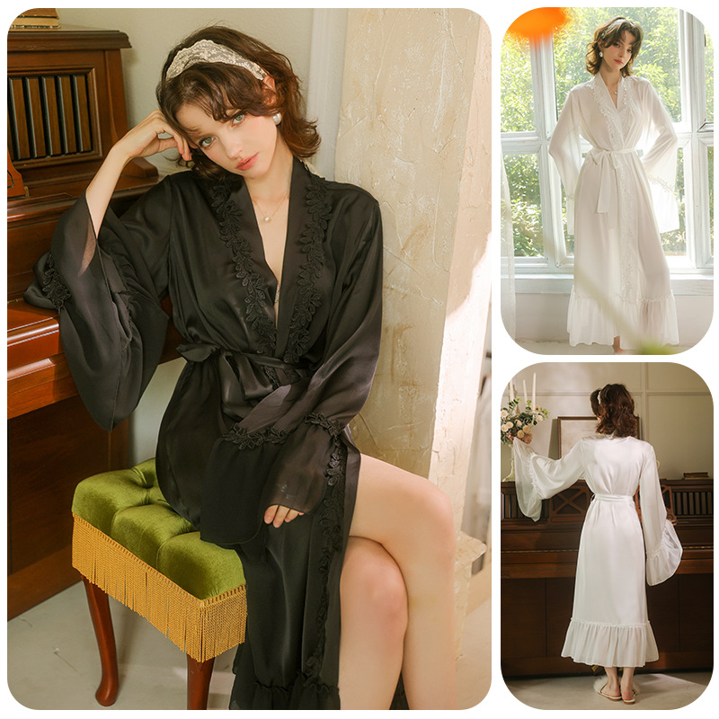 Satin water-soluble floral decorated light luxury women's bathrobe for spring and summer, French elegant style, black and white home wear, 960