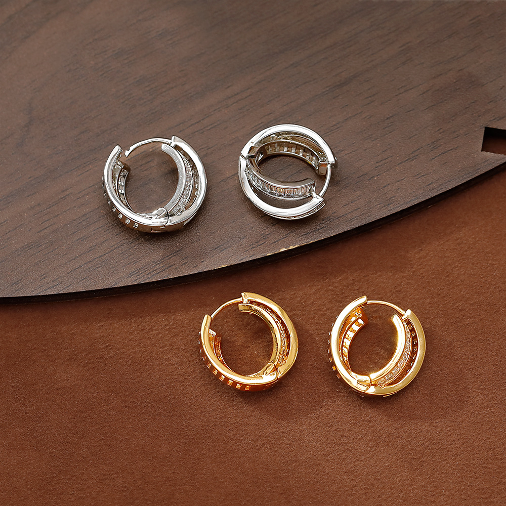 New cross-border ultra-sparkling copper inlaid zircon double-loop ear buckle women's European and American exquisite, simple and versatile design earring accessories