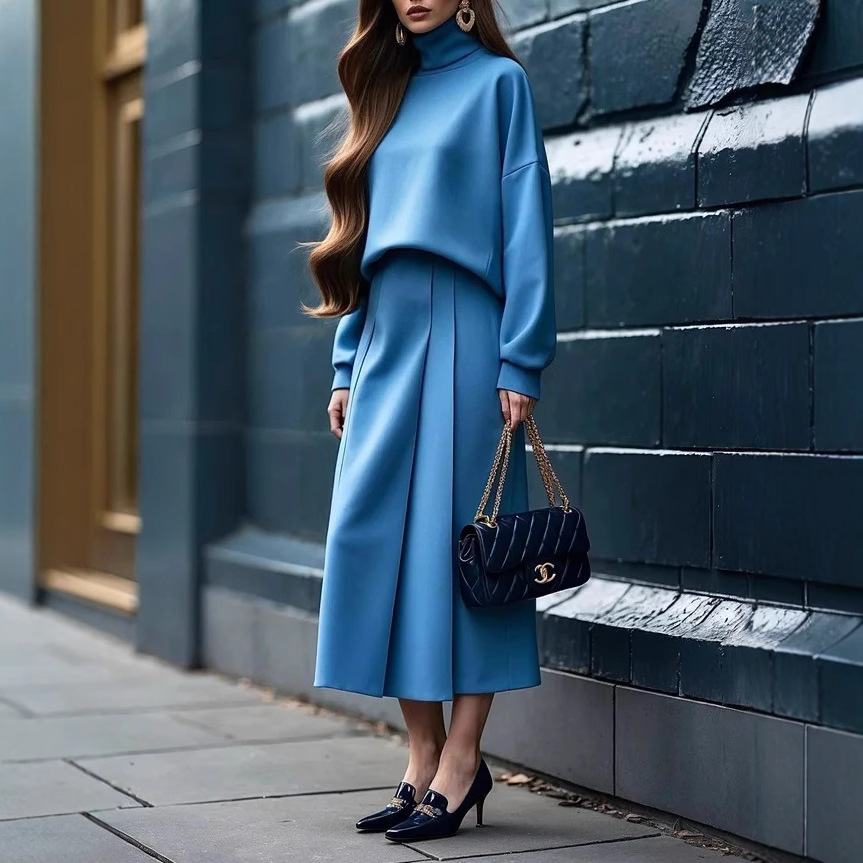2025 European and American women's clothing Amazon solid-color long-sleeved high-neck top hoodie + long skirt elastic waist-cinching skirt Specification drawing