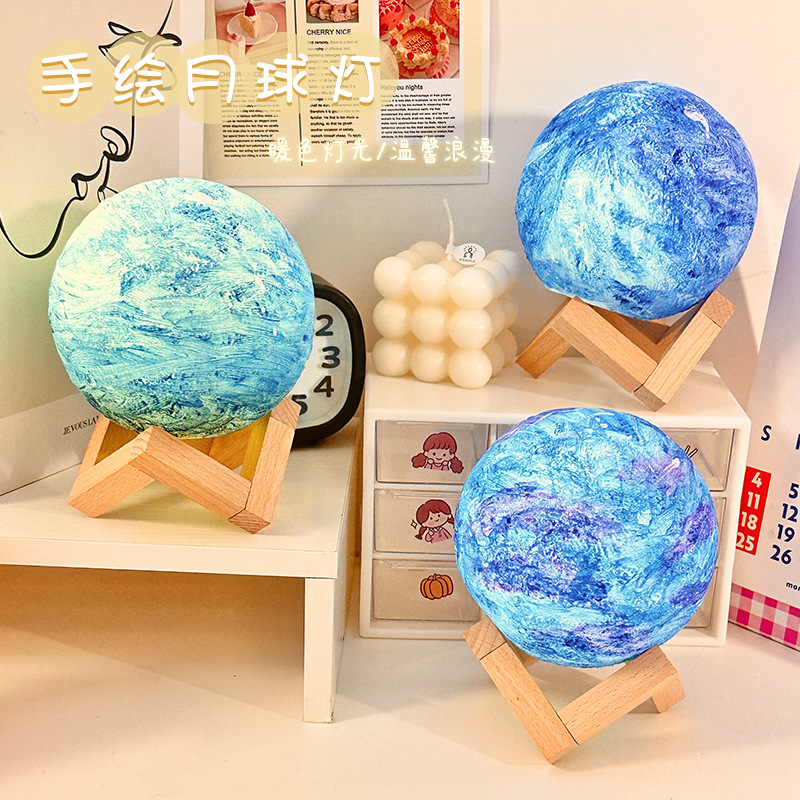Creative hand-painted moon lamp, night light, led bedroom bedside lamp, popular moon lamp, diy graffiti planet lamp wholesale details Picture
