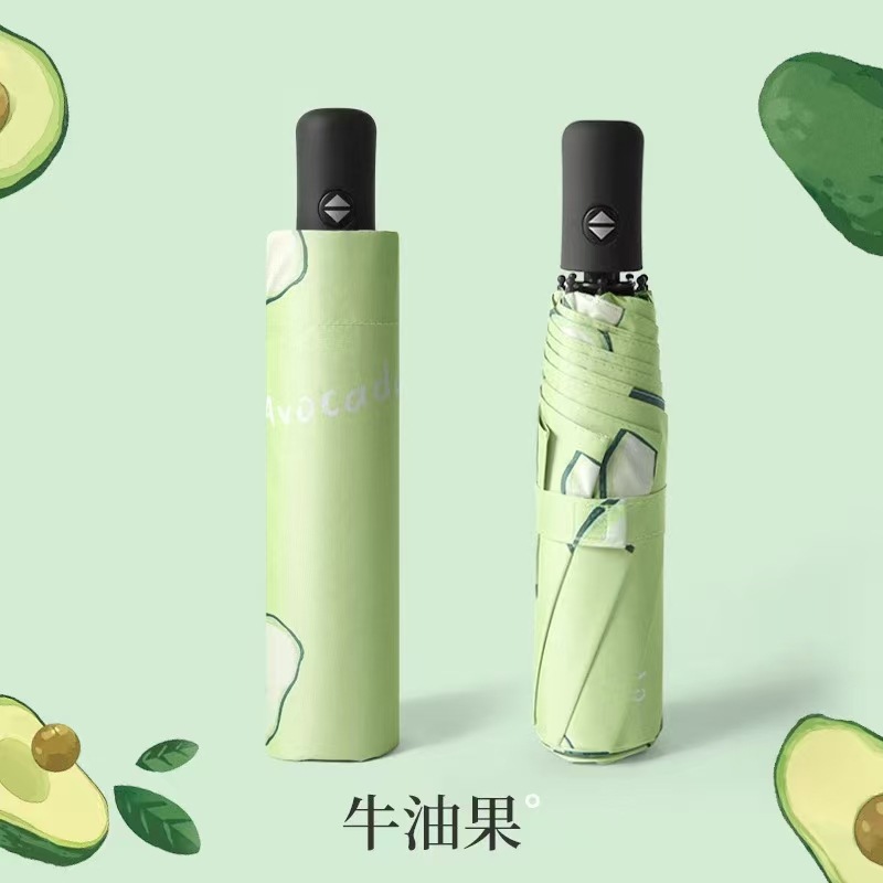 Wholesale of cartoon fruit print umbrellas, fully automatic black rubber sun umbrellas, UV protection and sun protection, and three-fold umbrellas details Picture