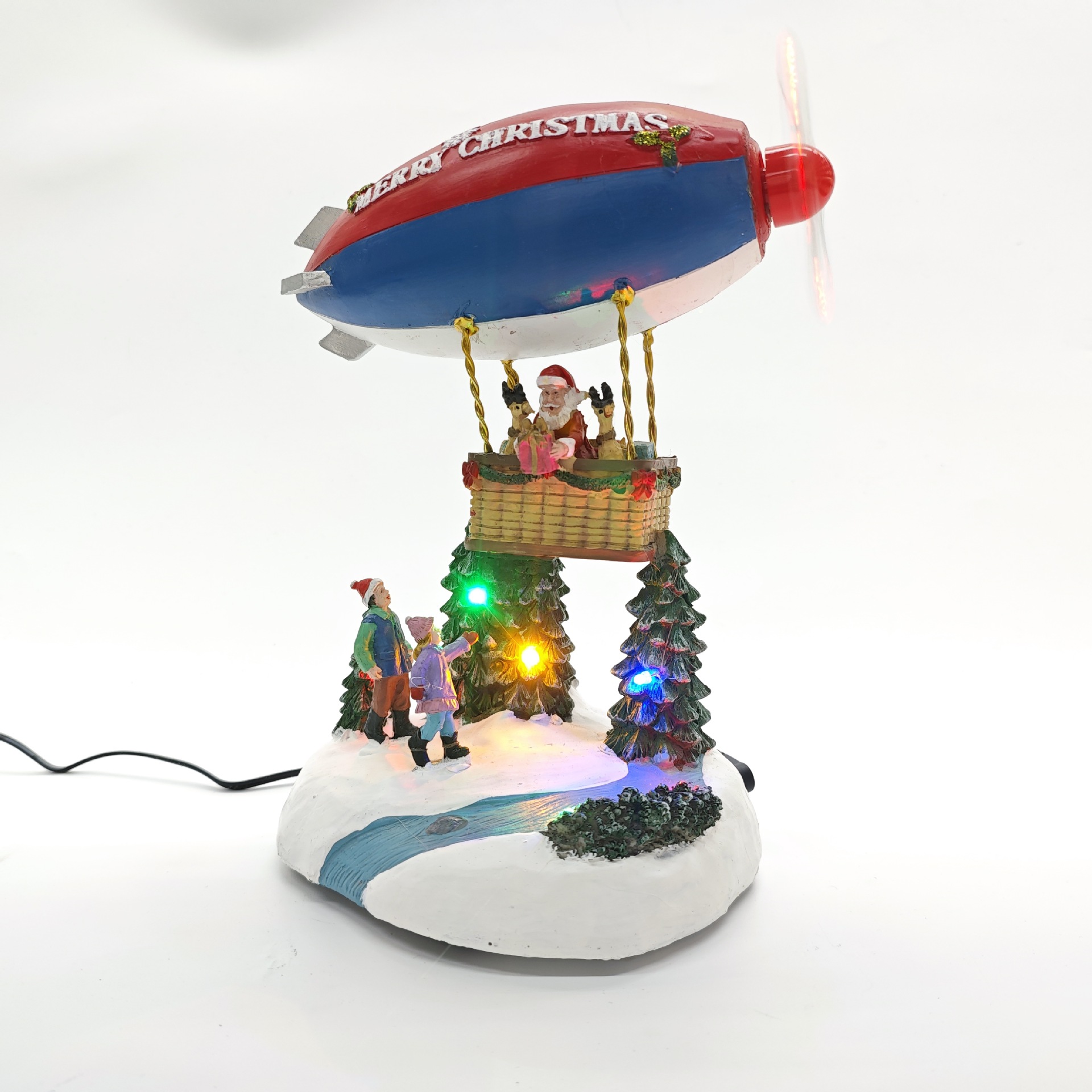 跨境圣诞节礼品发光音乐盒摆件飞艇热气球场景圣诞老人树脂带灯