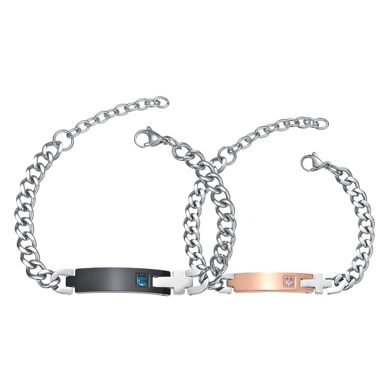 Cross-border e-commerce jewelry wholesale, European and American best-selling titanium steel zircon couple bracelets, blank and engraved, factory wholesale Item Picture