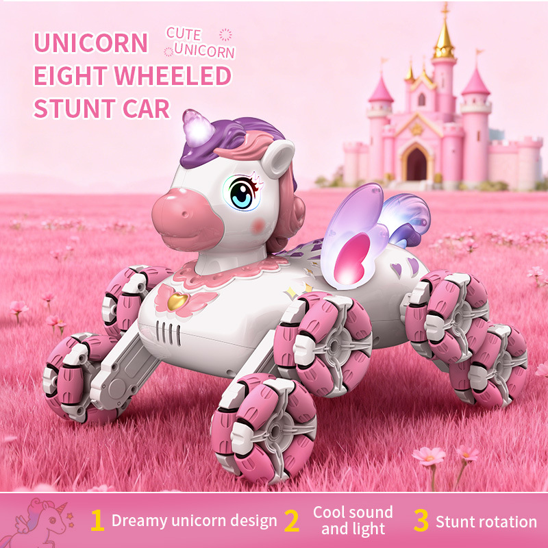 亚马逊2.4G独角兽遥控车八轮特技灯光音乐360旋转萌趣粉色玩具车
