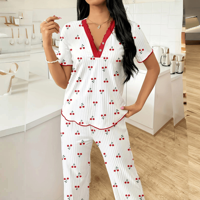 European and American cross-border spring and autumn bestsellers printed short-sleeved shirts, long pants, pajamas, comfortable for women with wide legs, can be worn outside as women's home wear Specification drawing