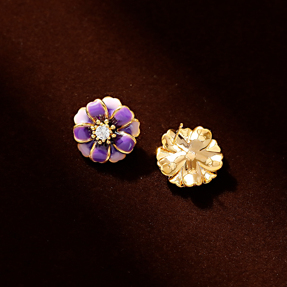 Hyacinth enamel oil drop taro purple flower stud earrings with a fashionable and unique design, light luxury zircon earrings, will be a bestseller on Douyin in 2025 Specification image