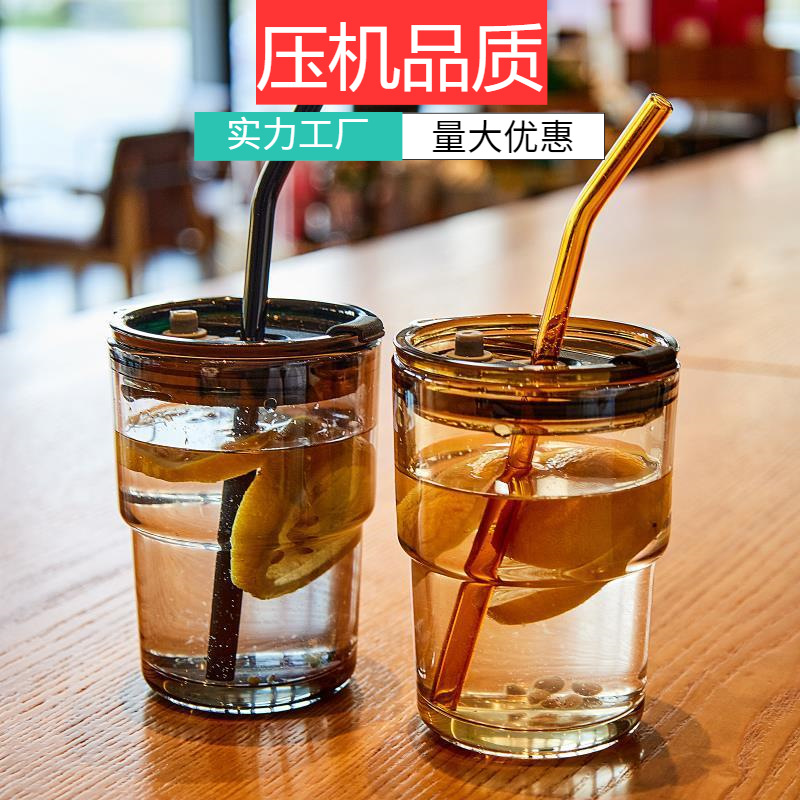 网红压机竹节杯玻璃隔热吸管杯创意ins带盖便携水杯开业礼品杯子