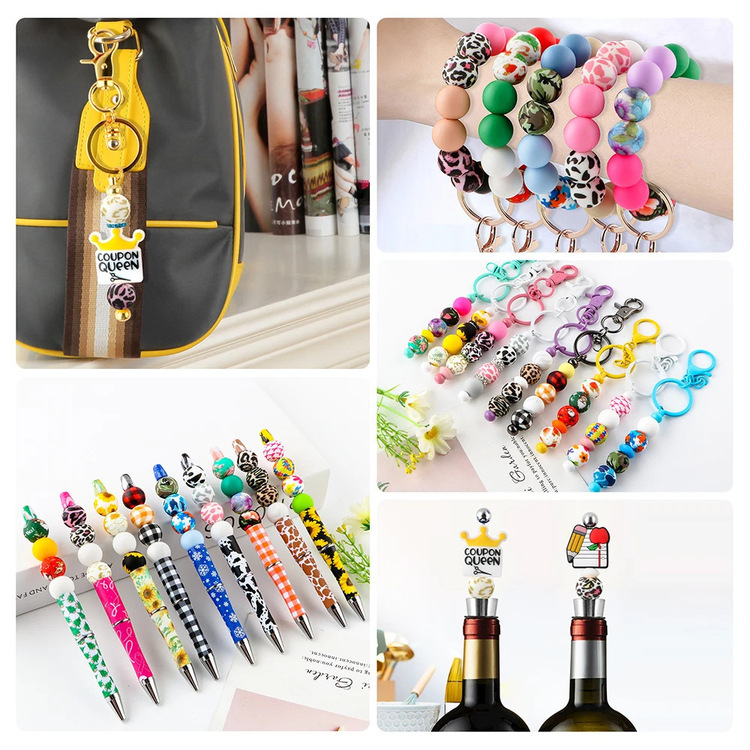 Water transfer printed silicone beads, DIY soft bead dental gel, pacifier chain, round bead accessories, loose beads, colorful leopard print Specification drawing