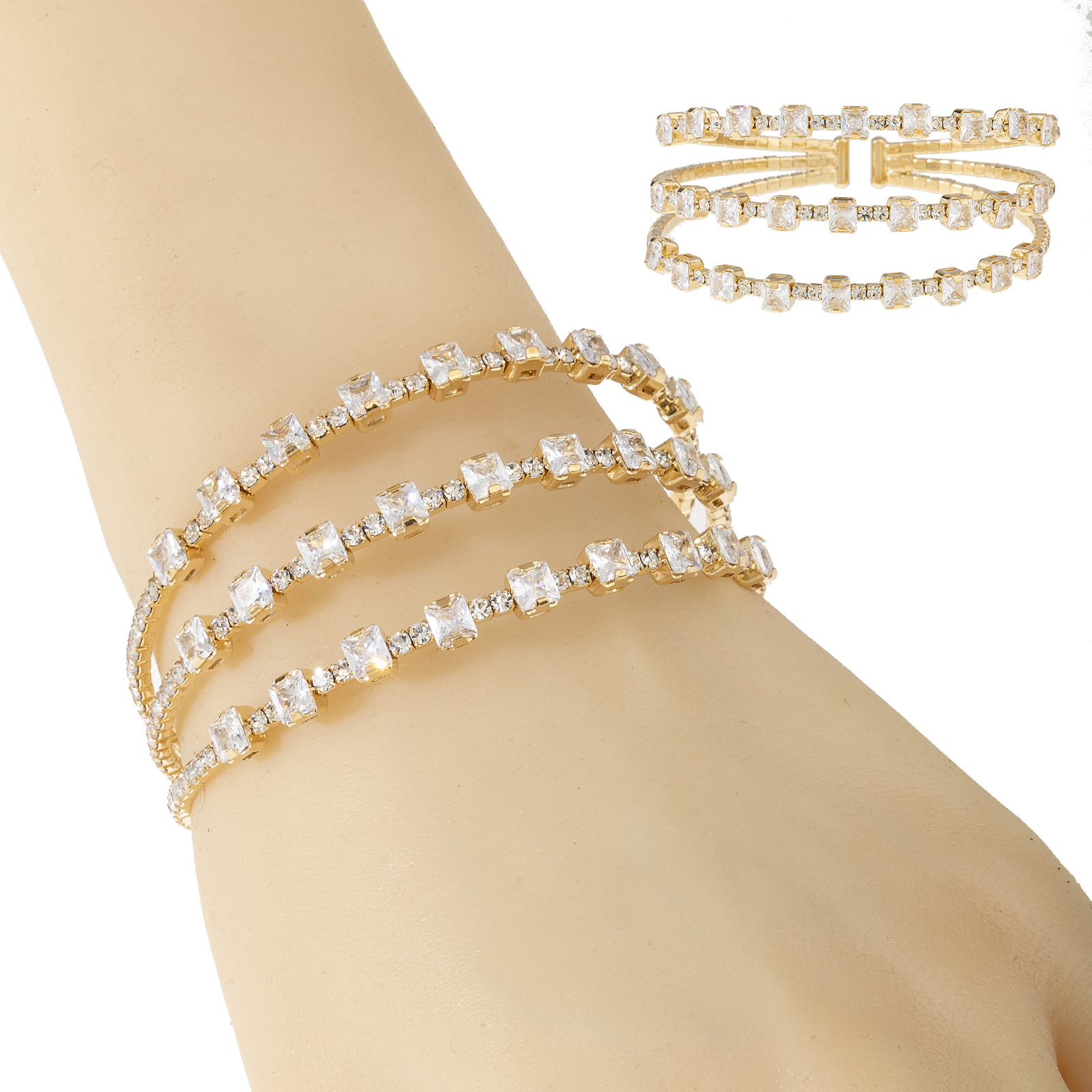 Cross-border wholesale: 3-row open rhinestone zircon bracelet with a European and American design sense, a versatile accessory for fashionable parties and banquets details Picture