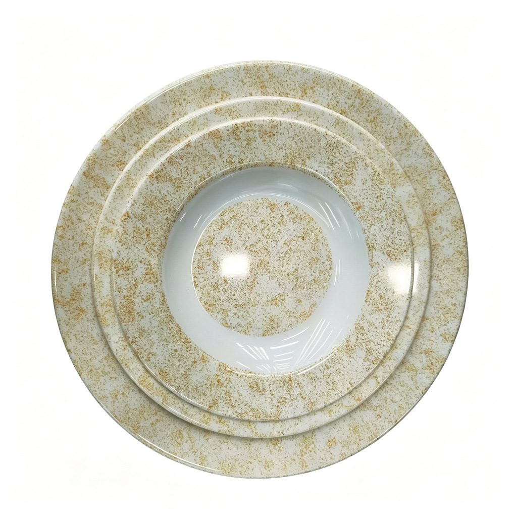 Direct sales from an export-oriented manufacturer of light brown textured melamine dinner plates in commercial stock. Durable and wear-resistant round melamine products Application Scenario