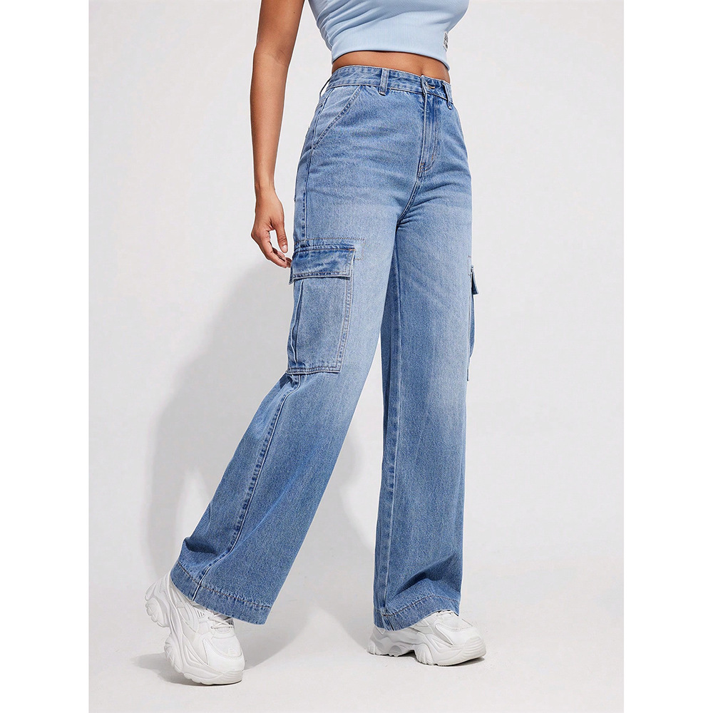 Wholesale cross-border European and American style flip-top large pocket work jeans for women, loose and casual straight-leg versatile long pants Application Scenario