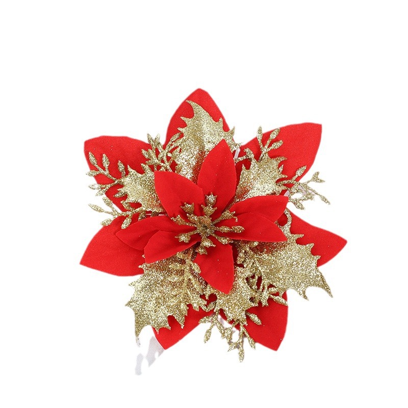 仿真圣诞花头装饰批发 金色撒粉拍摄道具 跨境圣诞树装饰配件花白底实物图