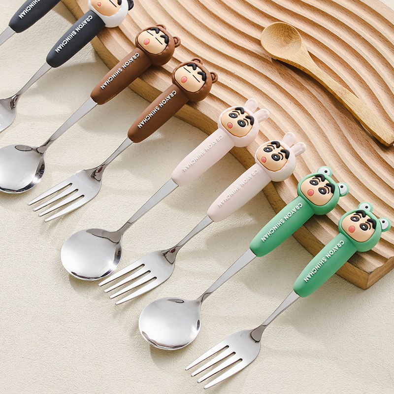 Cute Crayon Shin-chan, high appearance level children's spoon and fork, household dining 304 stainless steel watermelon spoon and small spoon details Picture