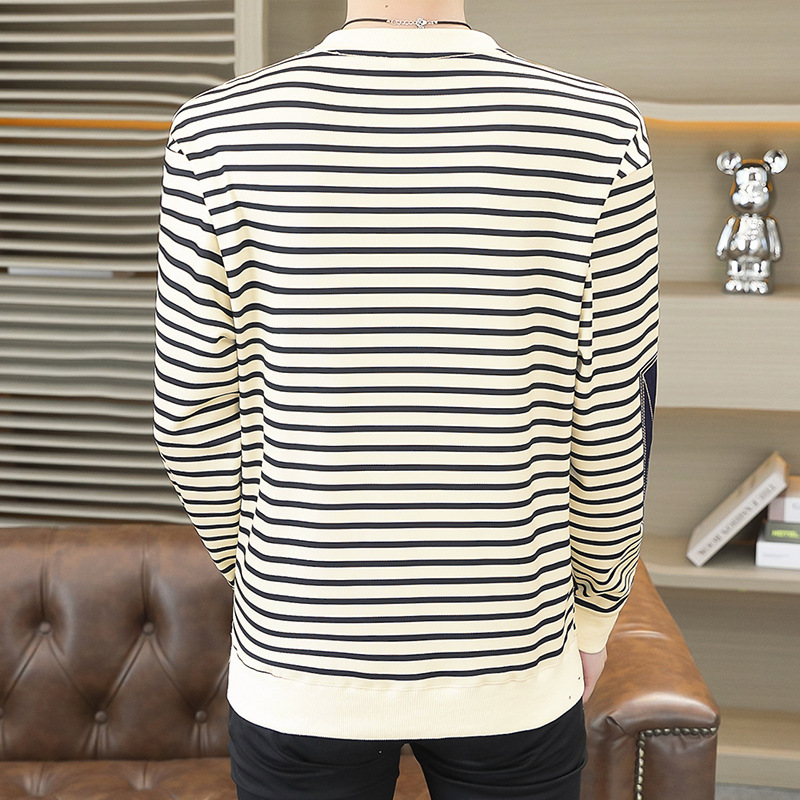 Striped round-neck hoodie for men, spring and autumn loose trendy brand casual base layer, men's style, paired with long-sleeved T-shirt inside Item Picture