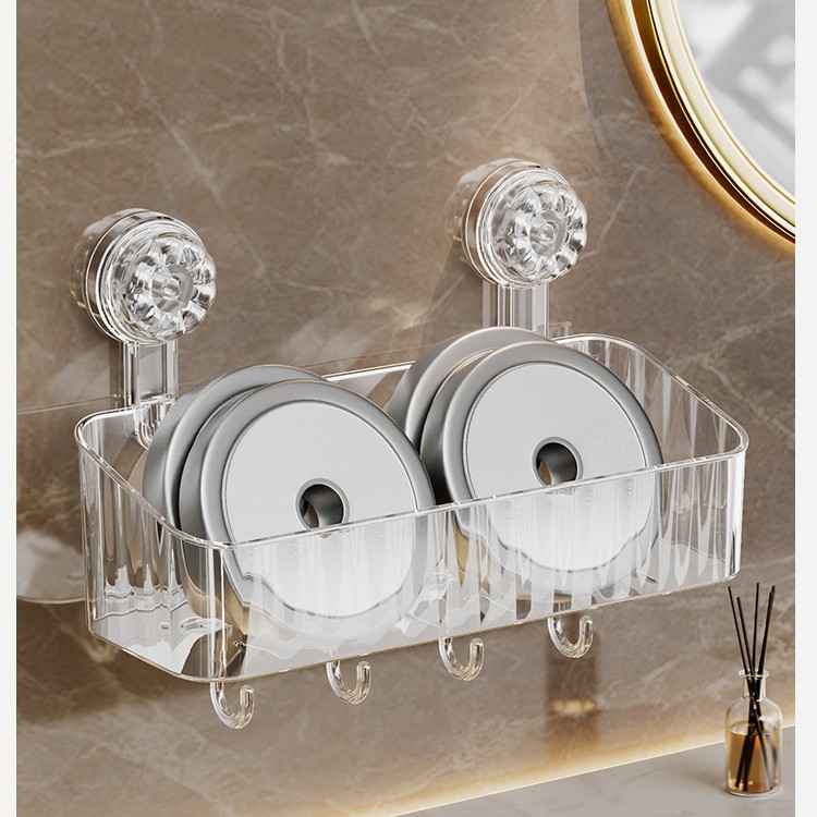 Wall-mounted hook-mounted storage rack, toiletries storage box, non-drilling suction cup storage rack, bathroom Application Scenario
