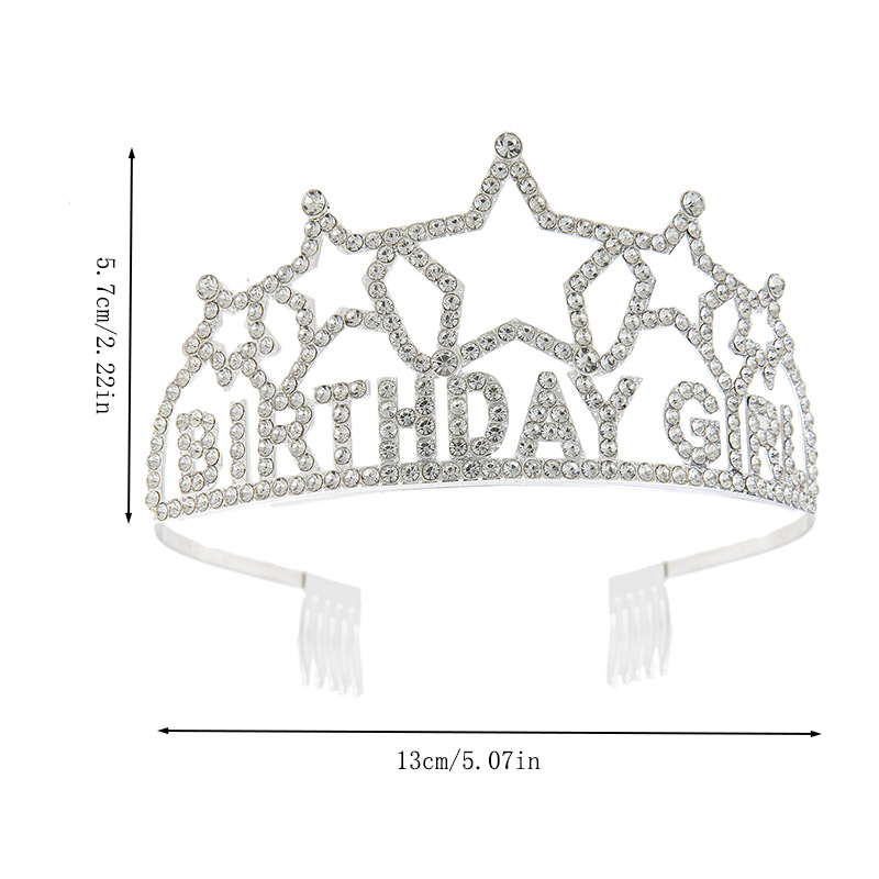 Factory direct sales of cross-border crown headwear BIRTHDAY GIRL water diamond alloy crown birthday girl five-pointed star full diamond birthday crown jewelry details Picture