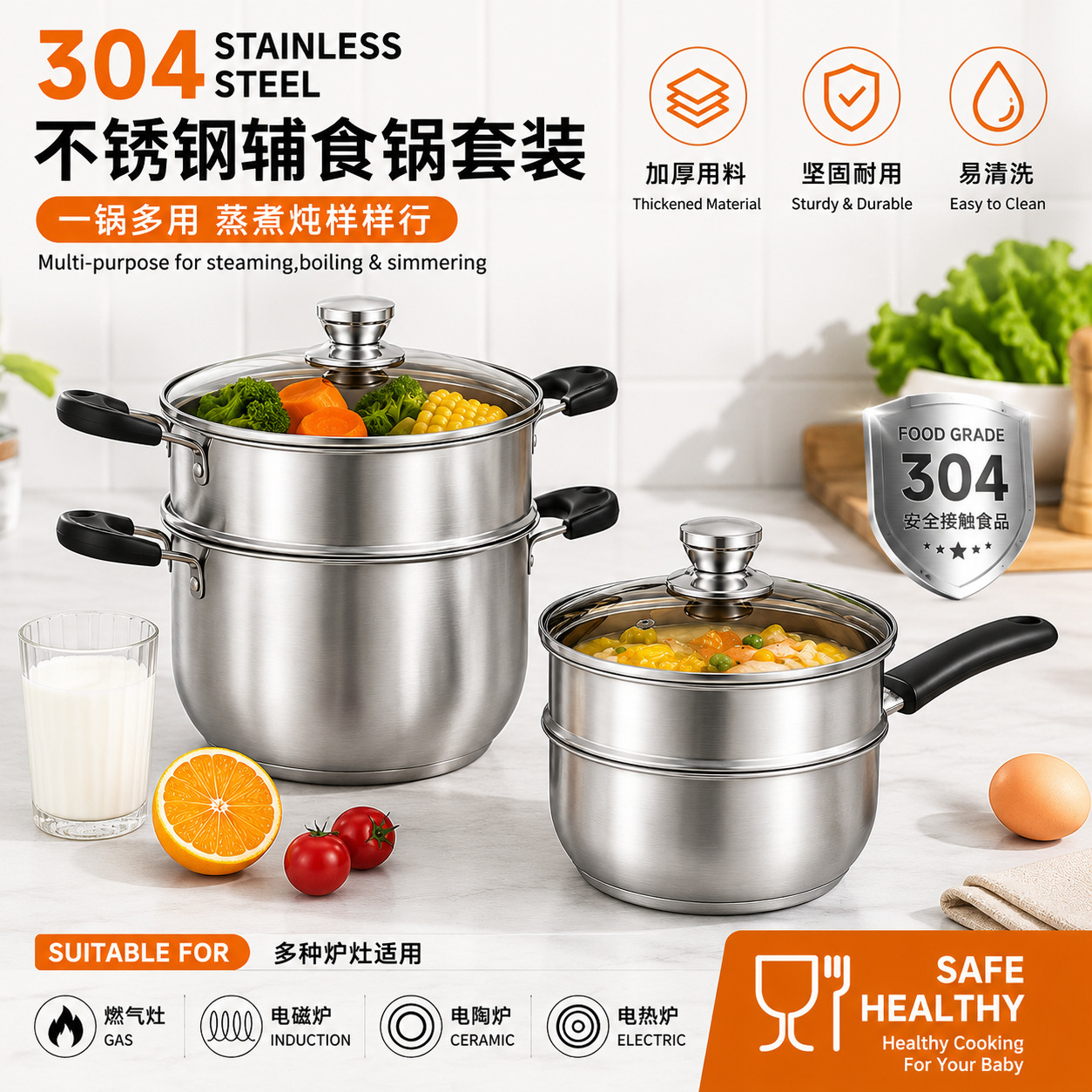 304 stainless steel baby food pot, household soup pot, milk pot, steamer, gas induction cooker, small stew pot, porridge cooking pot, hot pot
