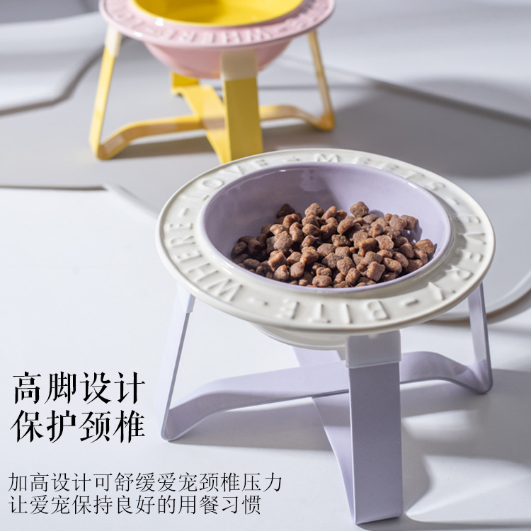 BD Flying saucer ceramic cat bowl and dog bowl stand, neck guard to prevent overturning, macaron-colored pet bowl, food bowl, water bowl, height-increasing iron stand Application Scenario