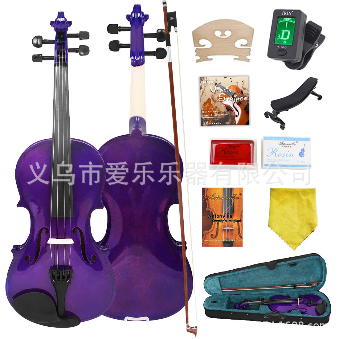 Violín púrpura y accesorios set principiante arco de cuerdas afinador de colofonia