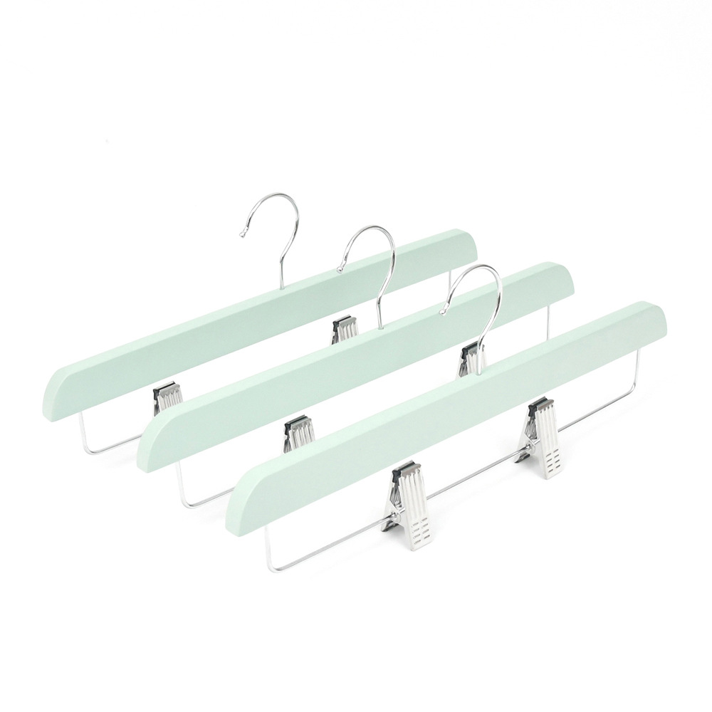Wholesale of solid wood clothes hangers for clothing stores, fresh green, anti-slip wooden clothes supports for women's clothing, and solid wood clothes hangers and trouser clips for adults details Picture