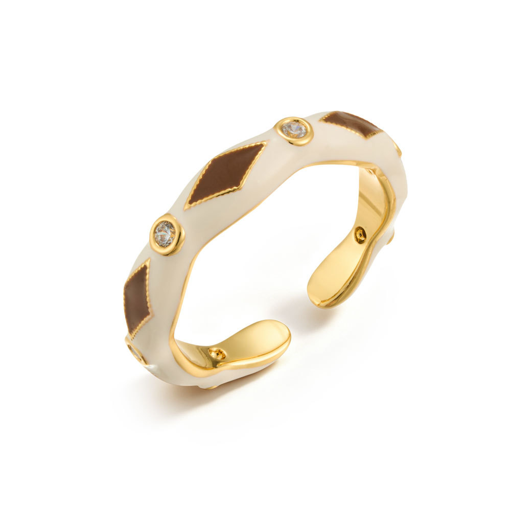 Light luxury and high-end enamel diamond-shaped open ring, copper alloy, real gold electroplated with zirconium, adjustable exquisite ring Item Picture