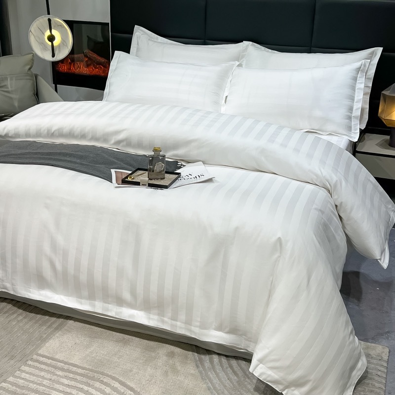 Light luxury satin hotel bedding, white ecological brushed four-piece set, hotel guest bed cover, bed sheet and bed hat style