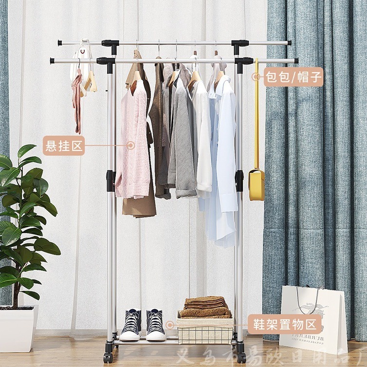 Single and double bar clothes drying poles, floor-standing multi-functional steel pipe simple drying racks for small-sized family bedroom balconies with wheels details Picture